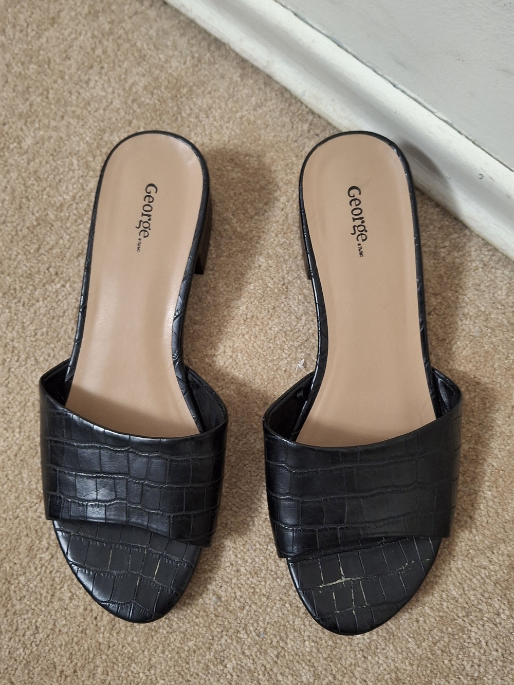 George Black Croc-Embossed Block Heel Mules - Size US 8 / EUR 38.5